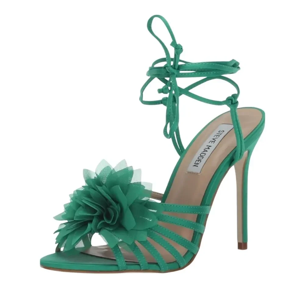 Steve Madden Women's Jolisa Heeled Green Lace-up  Satin Sandals Size 6